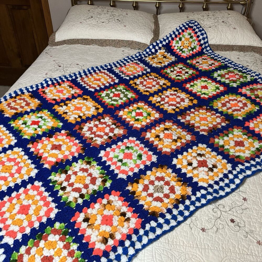 Vtg Handmade Crochet Granny Square Afghan Blanket Multicolor 45x58 Rosanne